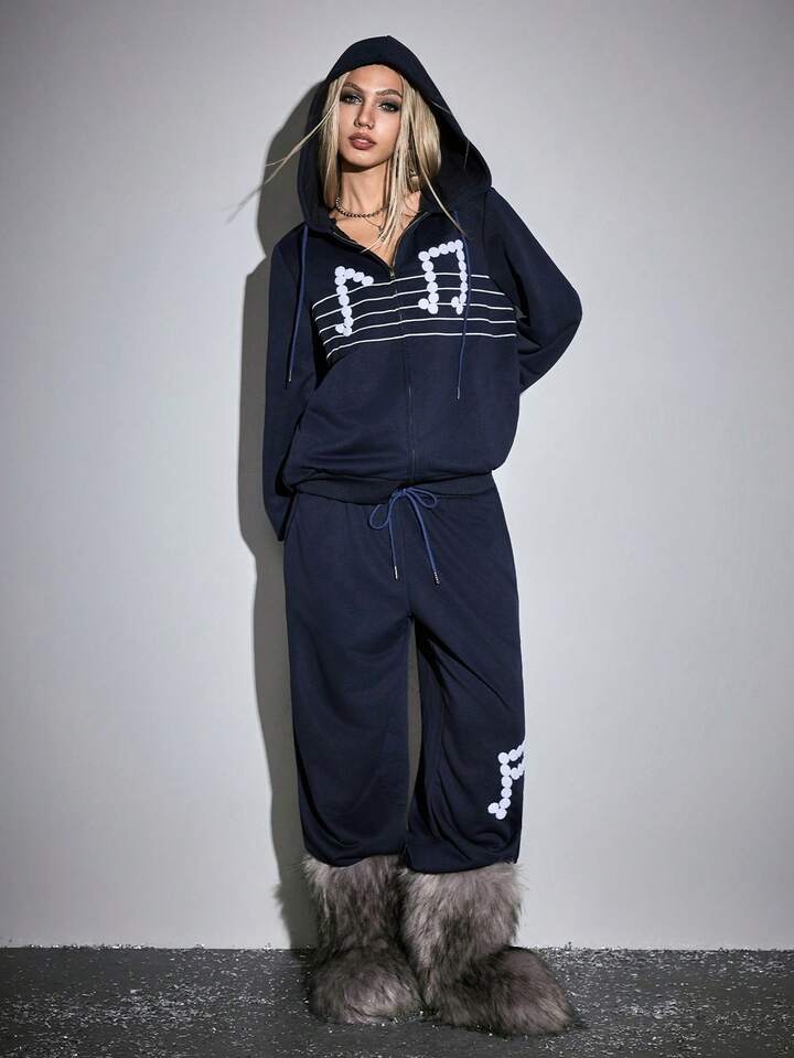 ROMWE Avant 2pcs Women Casual Daily Music Note Print Zip-Up Hoodie Jacket And Pants Set 6 ROMWE Avant 2pcs Women Casual Daily Music Note Print Zip-Up Hoodie Jacket And Pants Set