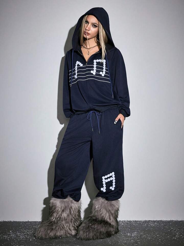 ROMWE Avant 2pcs Women Casual Daily Music Note Print Zip-Up Hoodie Jacket And Pants Set 7 ROMWE Avant 2pcs Women Casual Daily Music Note Print Zip-Up Hoodie Jacket And Pants Set