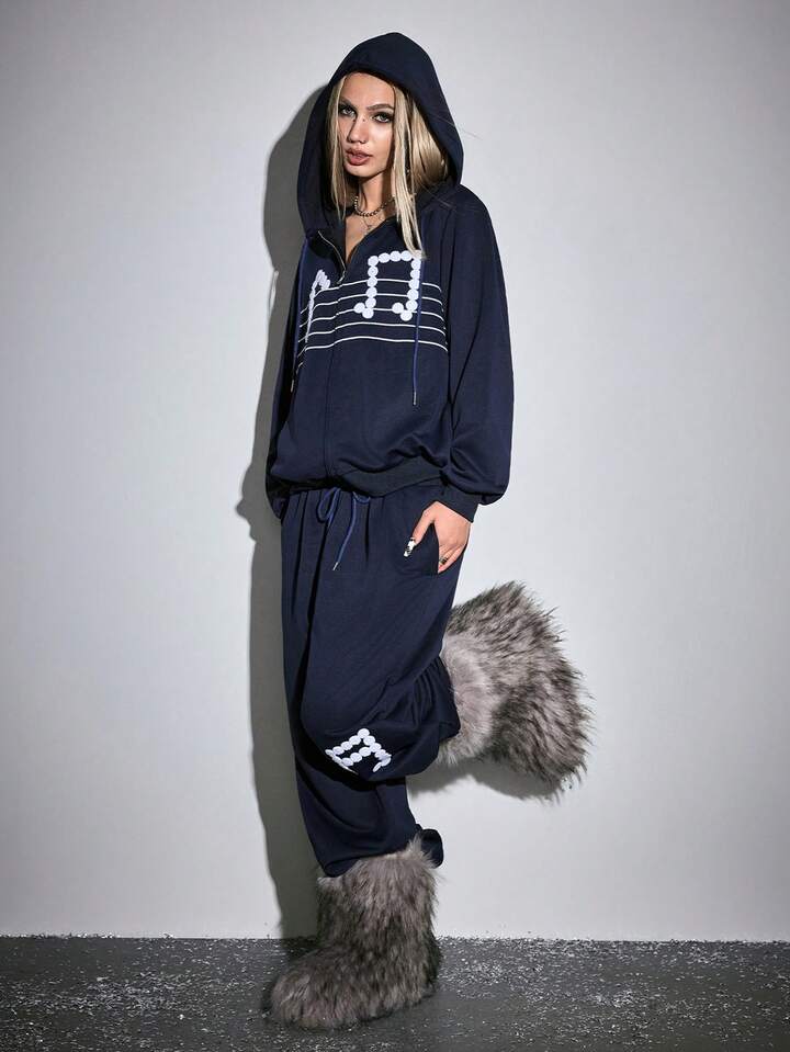 ROMWE Avant 2pcs Women Casual Daily Music Note Print Zip-Up Hoodie Jacket And Pants Set 8 ROMWE Avant 2pcs Women Casual Daily Music Note Print Zip-Up Hoodie Jacket And Pants Set