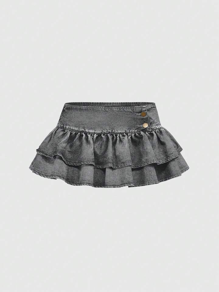 Grunge Punk Y2K Retro Low Waist Sexy Double Ruffle Hem Mini Denim Skirt, Blue