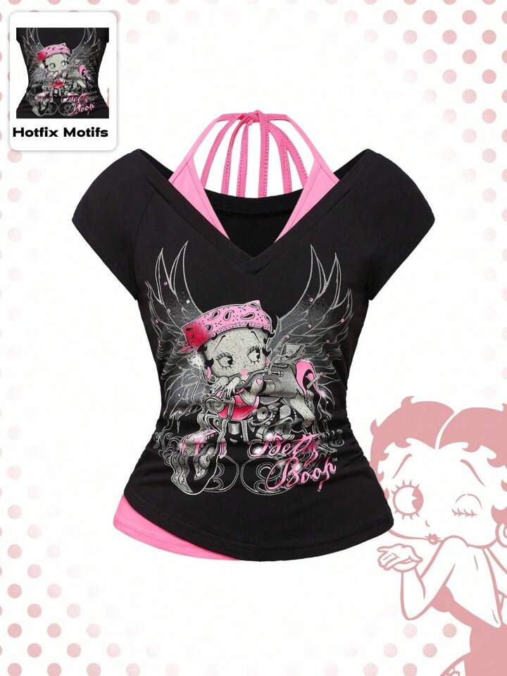 Betty Boop | ROMWE Cartoon Figure Graphic Sexy Y2K Biker Style 2 In 1 Contrast Color Halter Women T-Shirt