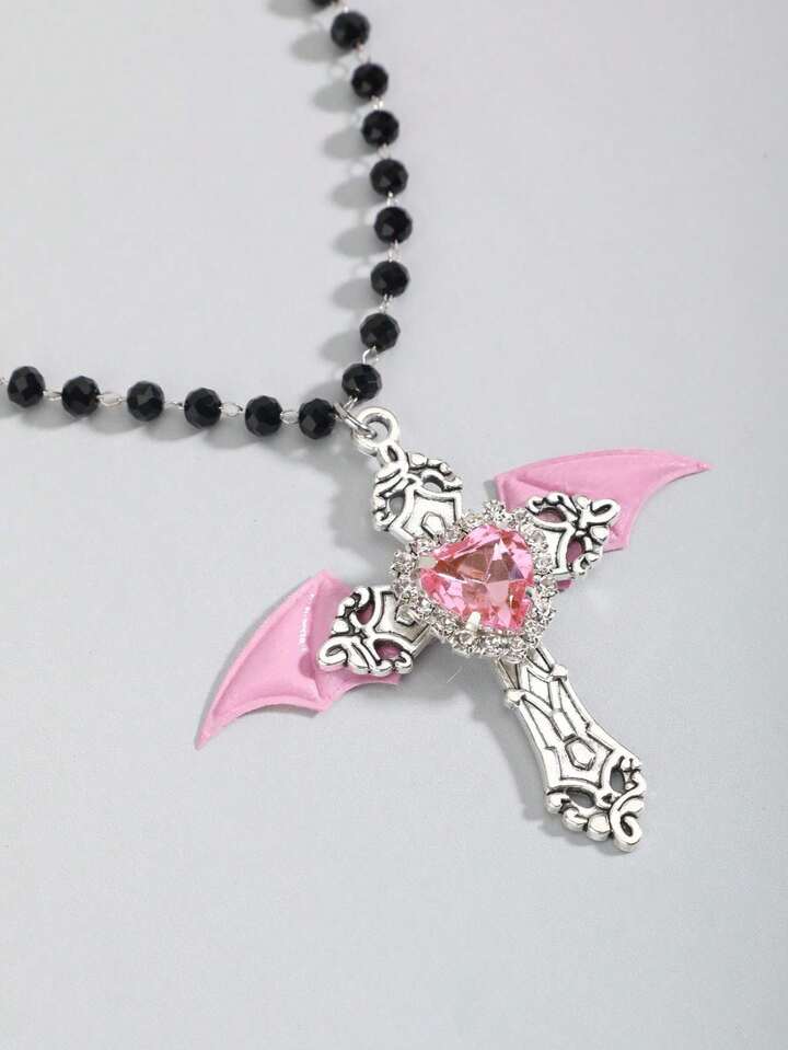 Goth Pearl Necklace With Creative Edgy Dark Style Cross Pendant Choker