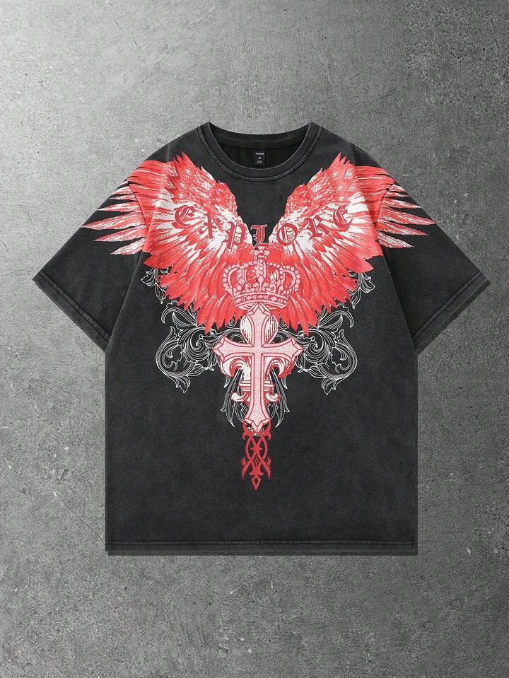Men's Vintage Washed Gothic Cross Print Short Sleeve T-Shirt, Summer