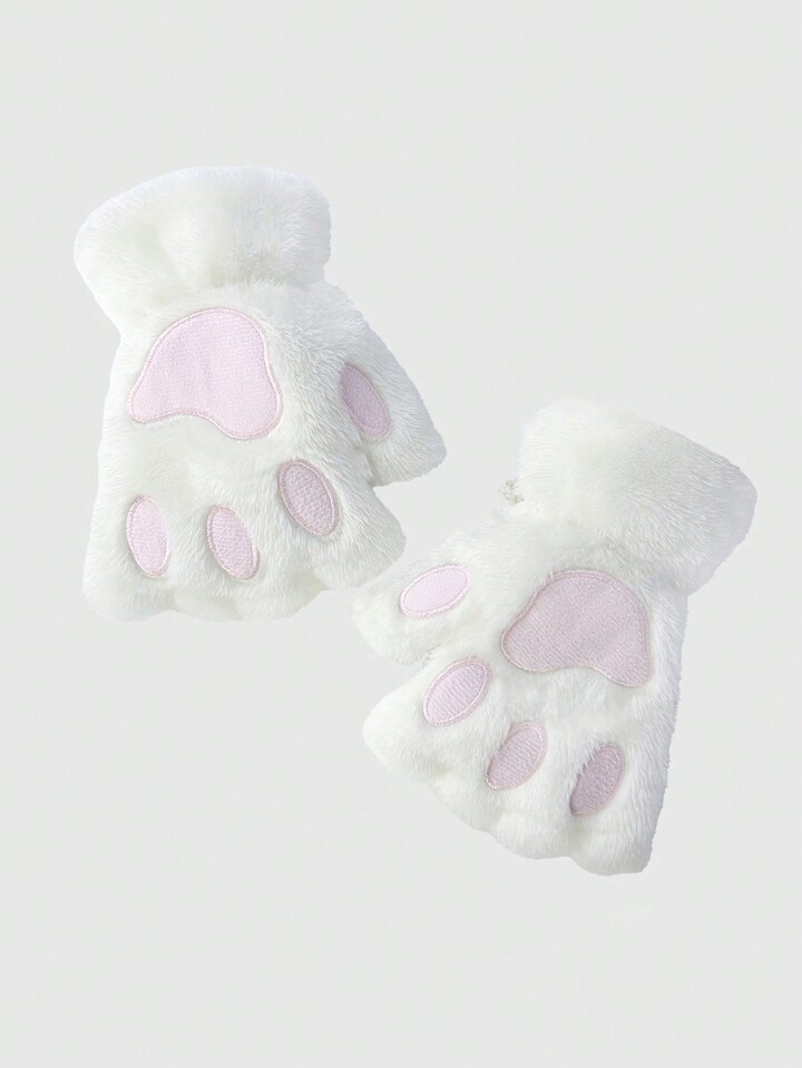 Kawaii Cat Paw Design Fuzzy Fingerless Gloves