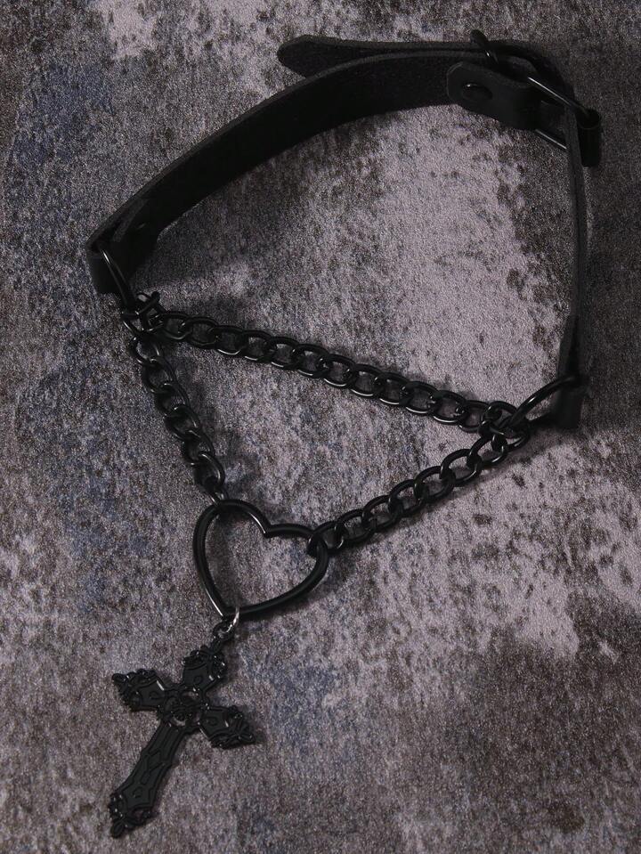 1Pc Funky Iron Alloy Cross & Heart Pendant Necklace For Women For Daily Decoration Gothic Valentines, Halloween
