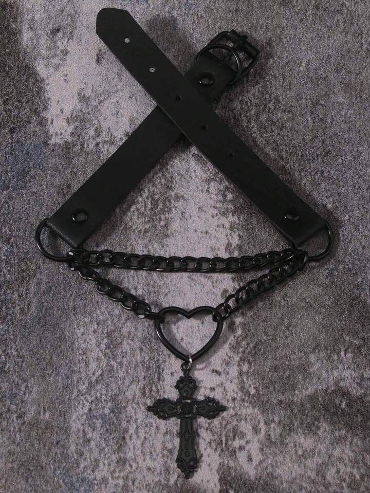 1Pc Funky Iron Alloy Cross & Heart Pendant Necklace For Women For Daily Decoration Gothic Valentines, Halloween
