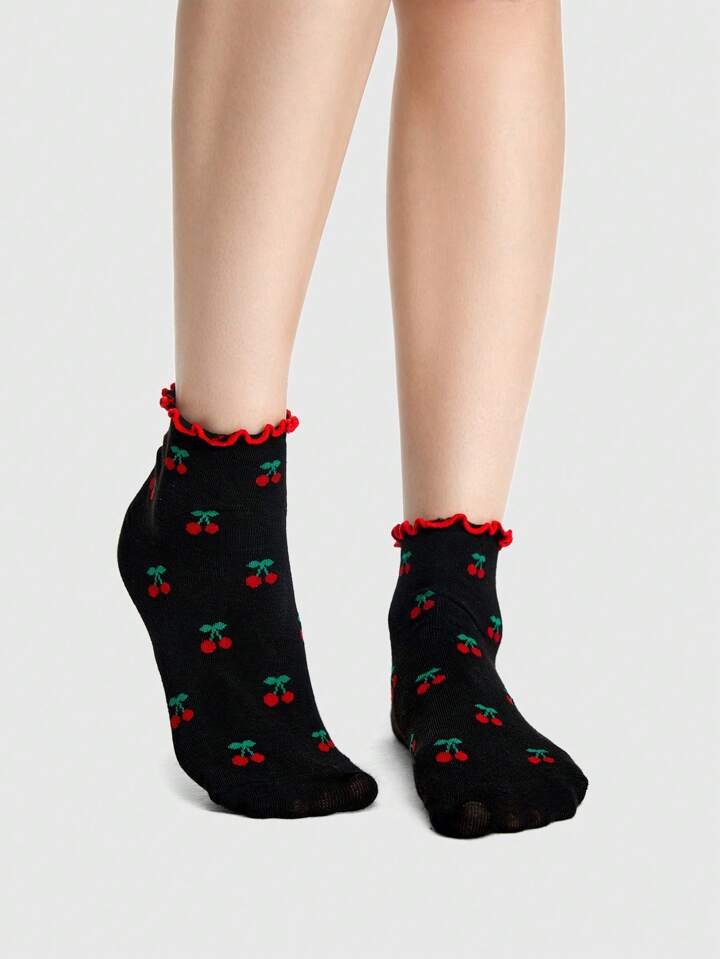 Kawaii 1pair Women Black Frill Trimmed Cherry Mid-Calf Socks, For All Seasons