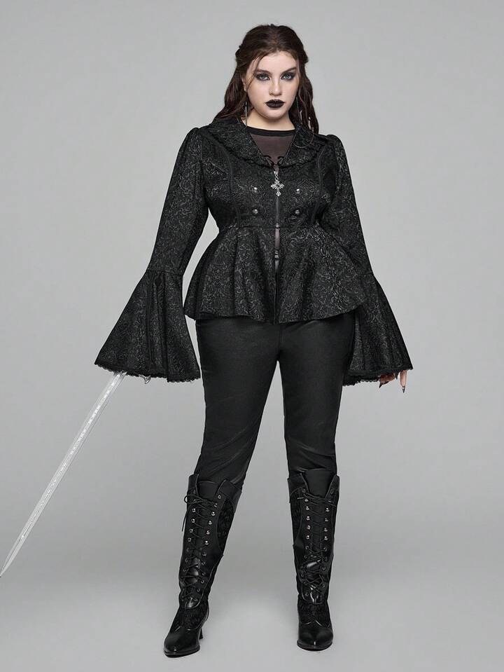 EDITION Plus Size Gothic Dark Autumn/Winter Pleated Black Textured Ruffle Collar Cardigan Jacket, Suitable For Halloween, Christmas, Party Events, Plus Size Outerwear, Elegant Plus Size Gothic Black Jacket For Women