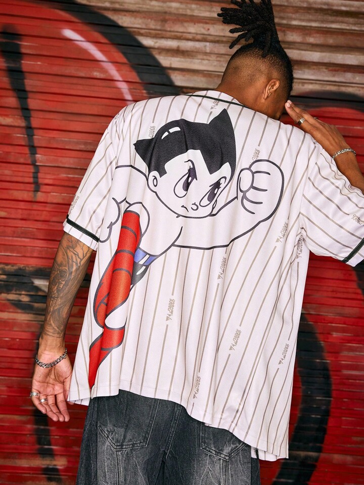 Astro Boy X ROMWE Men's Striped And Cartoon Figure Graphic Casual Short Sleeve Shirt