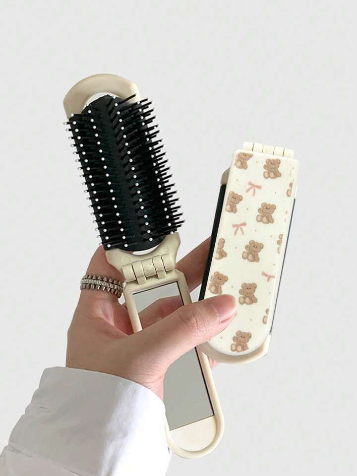 Kawaii 1pc Teddy Bear & Bow Print Foldable Air Cushion Comb With Mirror (Pattern Position Random)