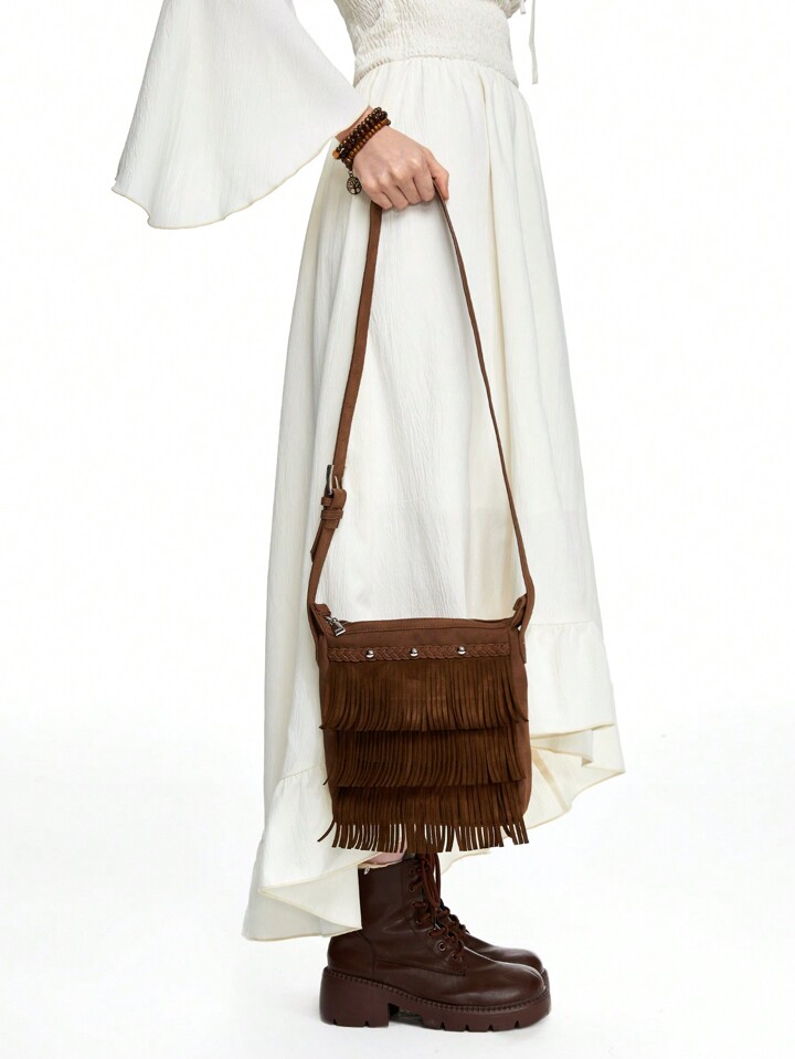 Fairycore Women Vintage Style Suede Tassel Shoulder Bag, Casual Chic Velvet Small Square Crossbody Bag 5 Fairycore Women Vintage Style Suede Tassel Shoulder Bag, Casual Chic Velvet Small Square Crossbody Bag