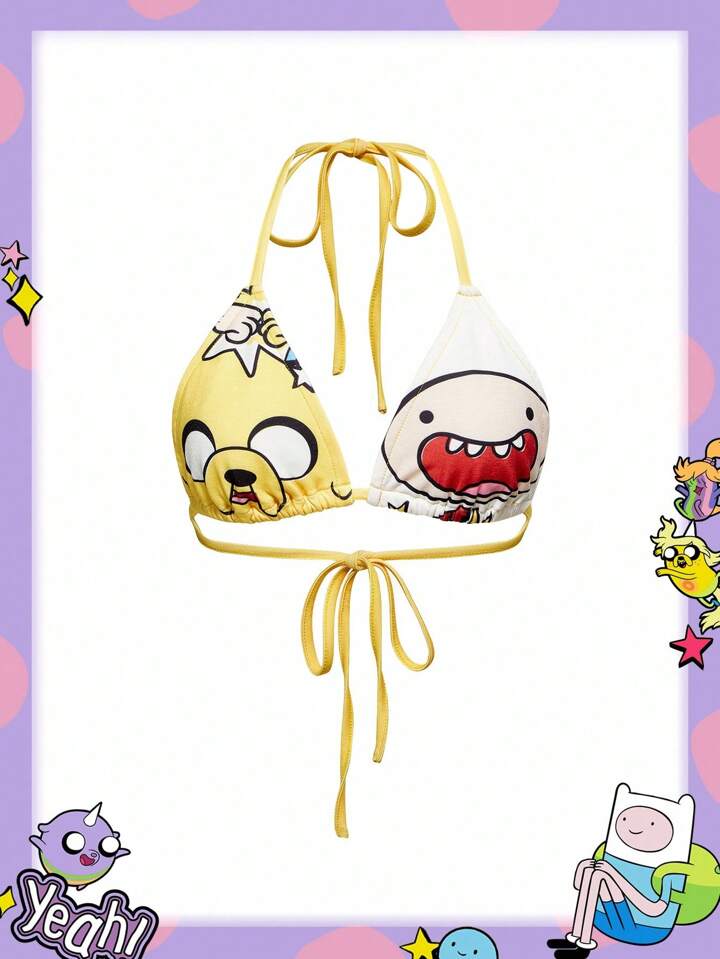 Adventure Time X ROMWE Summer Sexy Cartoon Graphic Tie Backless Crop Halter Top