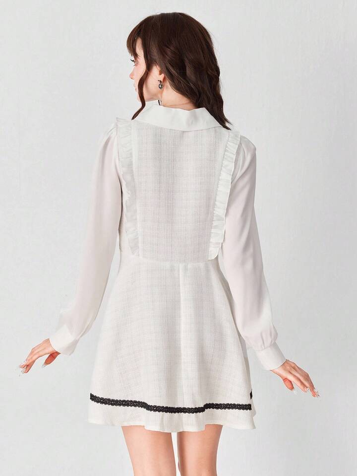 EDITION Women's Hime Gyaru Style Contrast Color Fabric Ruffle Lace Patchwork Long Sleeve Mini Dress
