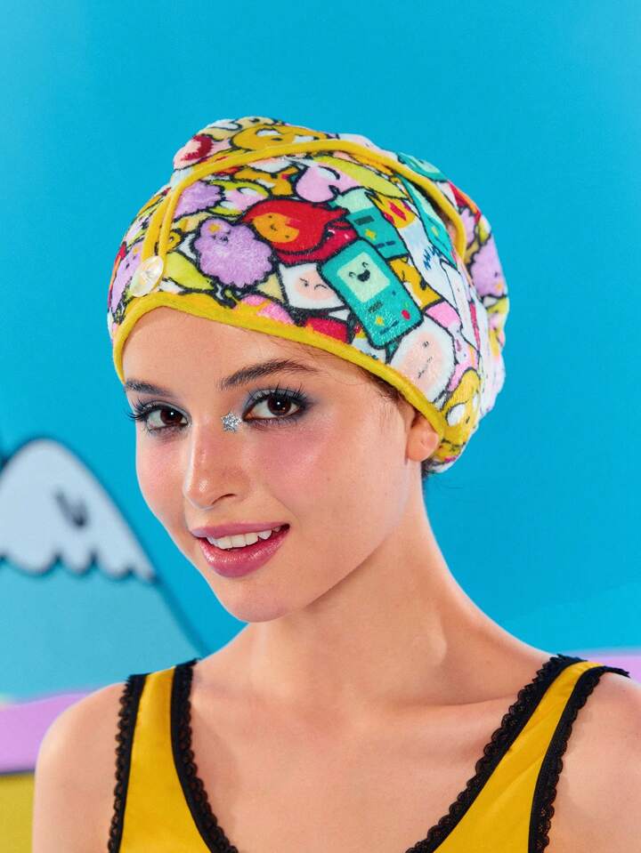 Adventure Time X ROMWE Cartoon Pattern Color Contrast Border Hair Drying Towel & Hair Drying Cap