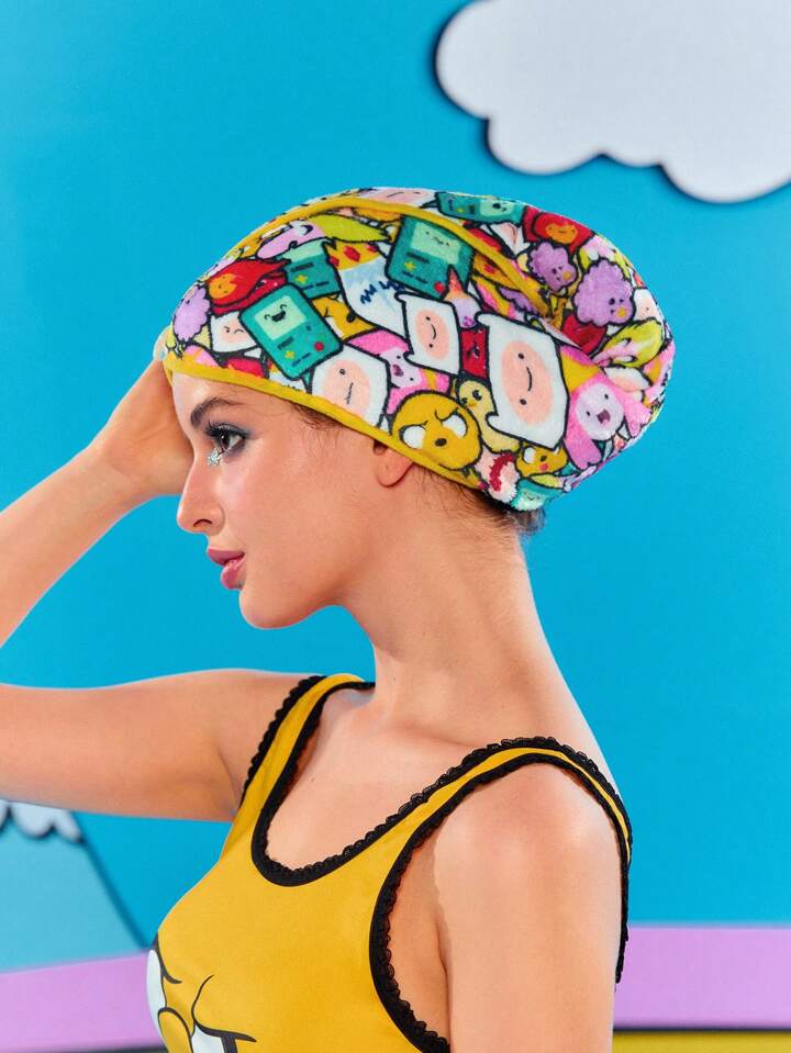 Adventure Time X ROMWE Cartoon Pattern Color Contrast Border Hair Drying Towel & Hair Drying Cap