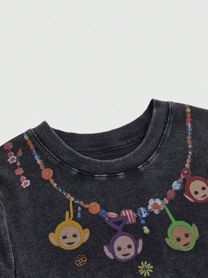 Teletubbies X ROMWE Women's Casual Cartoon Pattern Round Neck Short Sleeve T-Shirt, Summer 2 Teletubbies X ROMWE Women's Casual Cartoon Pattern Round Neck Short Sleeve T-Shirt, Summer