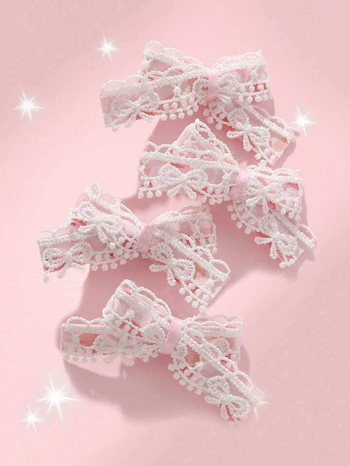 Kawaii 4pcs/Set Ins Simple Elegant Cute Girl High-Quality White Hollow Lace Heart Floral Ornament Pink Ribbon Bow Hair Clips, Suit For Sisters/Best Friends Daily Wear And Holidays Gift Claw Clips Hair Claws Hair Barrettes