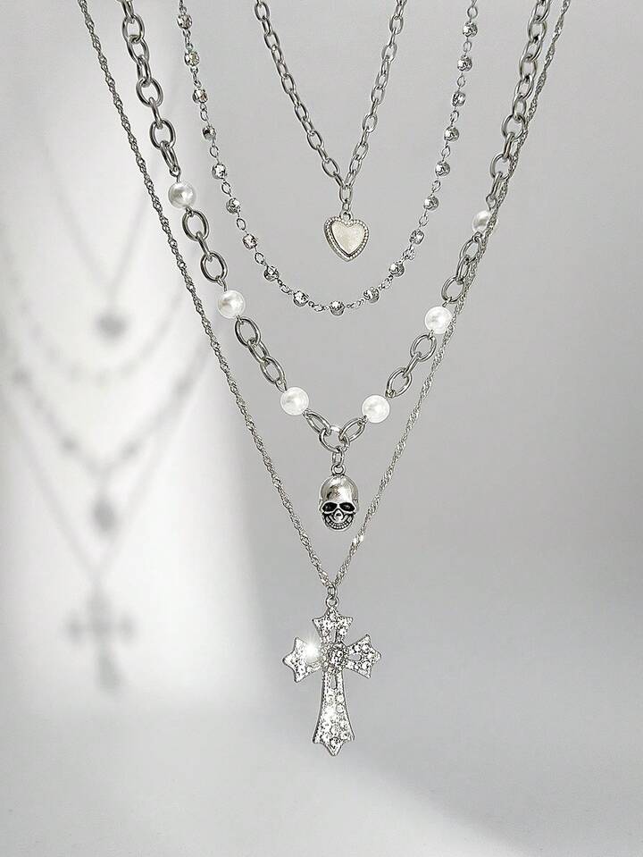 Goth 4pcs/Set Fashionable Punk Style Cross Pendant Necklace Set