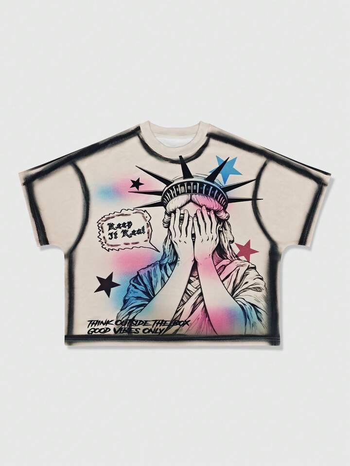 Men's Street Life Character Summer Slogan Print Crew Neck Short Sleeve Casual T-Shirt