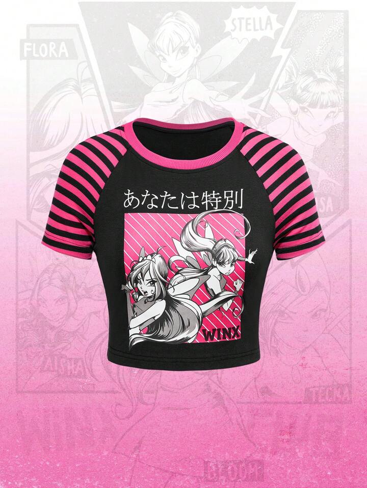 Winx Club X ROMWE Women Patchwork Striped Raglan Sleeve Cartoon Print Form-Fitting T-Shirt