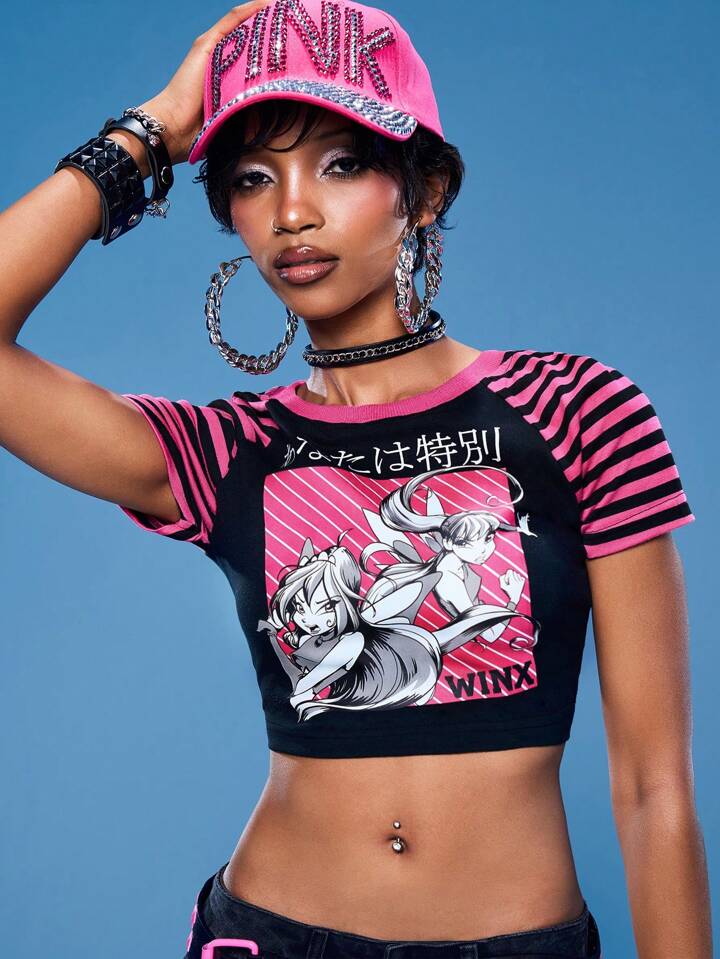 Winx Club X ROMWE Women Patchwork Striped Raglan Sleeve Cartoon Print Form-Fitting T-Shirt 7 Winx Club X ROMWE Women Patchwork Striped Raglan Sleeve Cartoon Print Form-Fitting T-Shirt