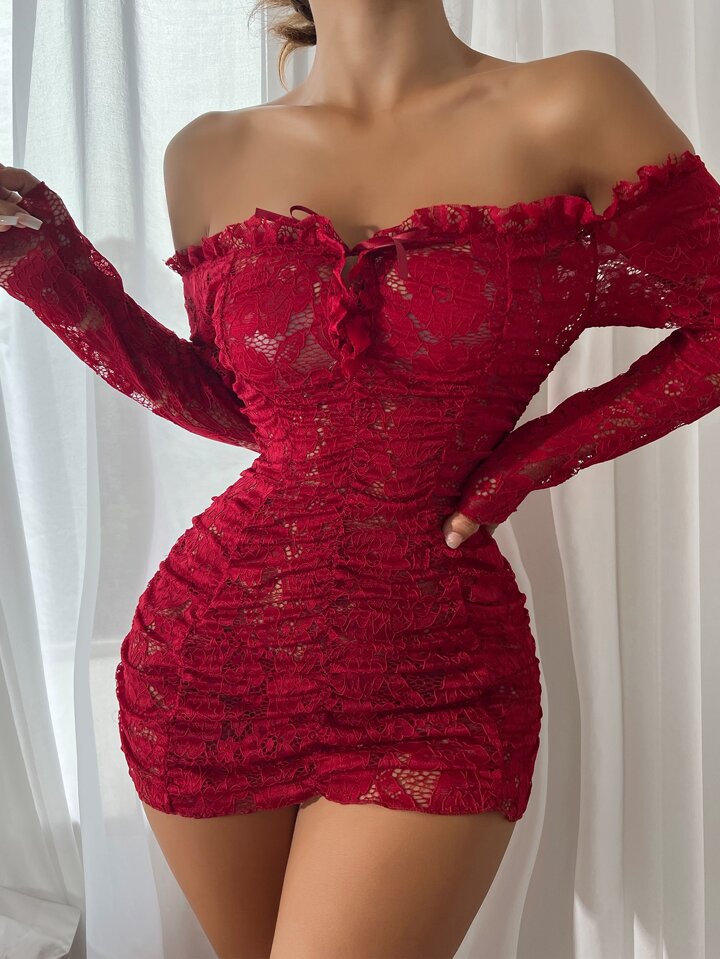 Floral Lace Off Shoulder Bodycon Lingerie Dress With Thong, For Christmas