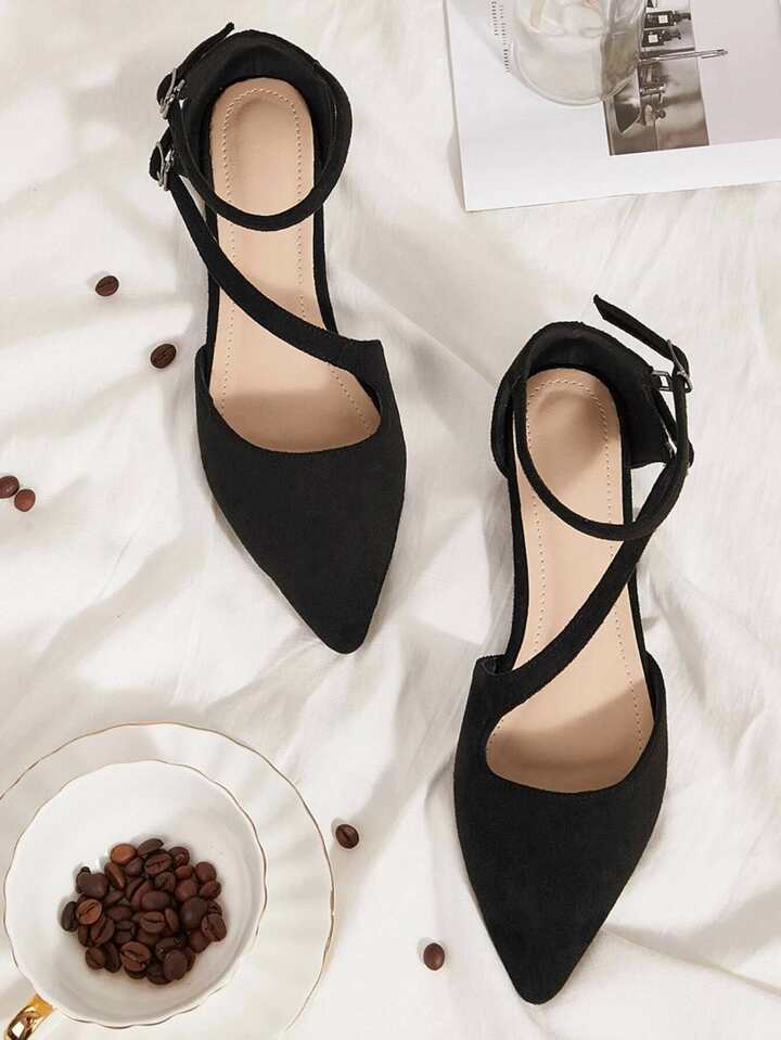 2025 Autumn New Women's Black Double Buckle Flat Shoes, Elegant Pointed Toe Ankle Strap Flats, Black Faux Suede Ballet Shoes, Comfortable Breathable Spring/Summer Women Shoes, Black Footwear