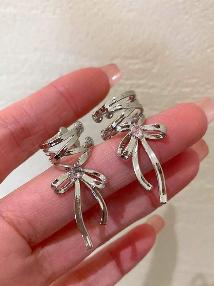 Kawaii 1pair Silver Bowknot Clip-On Earrings