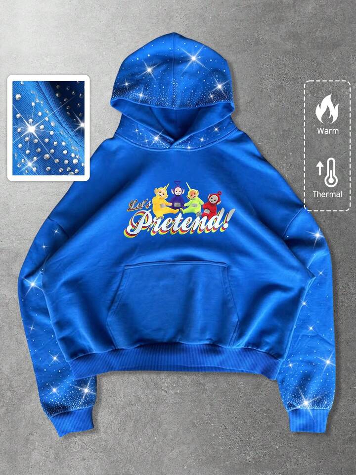 Teletubbies X ROMWE Men's Casual Rhinestone Cartoon Pattern Pocket Hoodie, Autumn/Winter, Long Sleeve Top