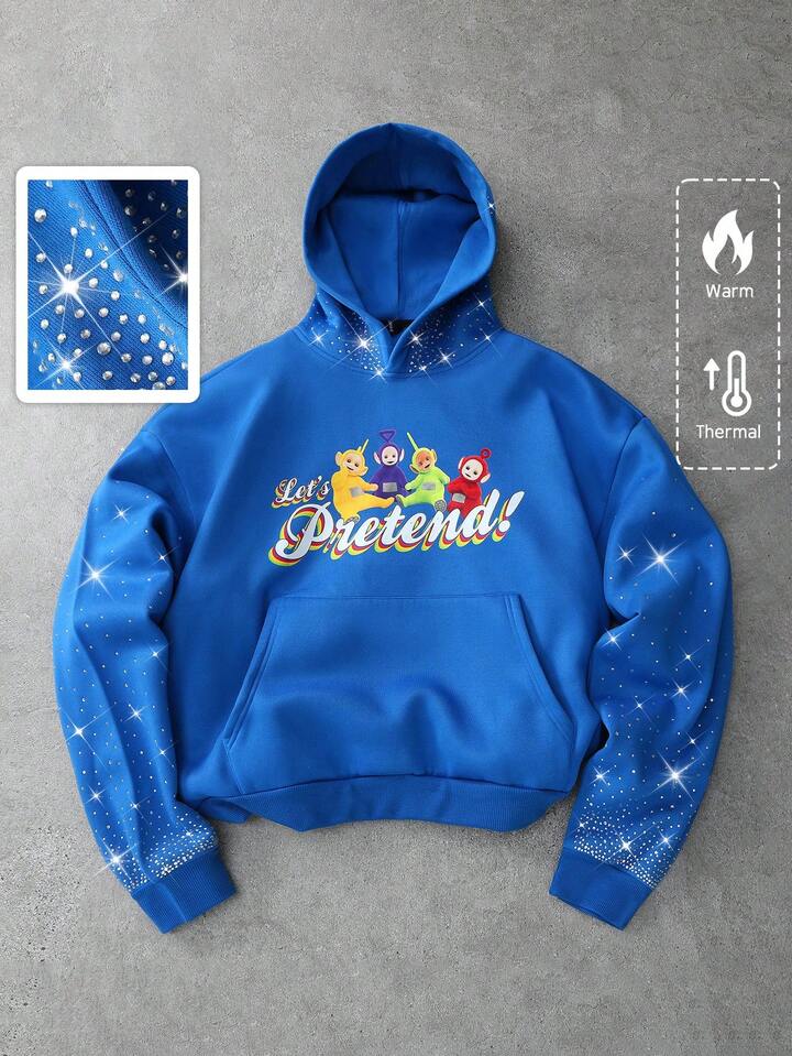 Teletubbies X ROMWE Men's Casual Rhinestone Cartoon Pattern Pocket Hoodie, Autumn/Winter, Long Sleeve Top 3 Teletubbies X ROMWE Men's Casual Rhinestone Cartoon Pattern Pocket Hoodie, Autumn/Winter, Long Sleeve Top