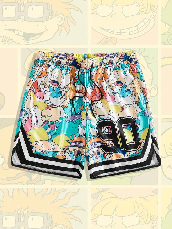 Nick 90's X ROMWE Street Life Men's Fashion Summer Sports Casual Cartoon Figure And Number Print Basketball Shorts