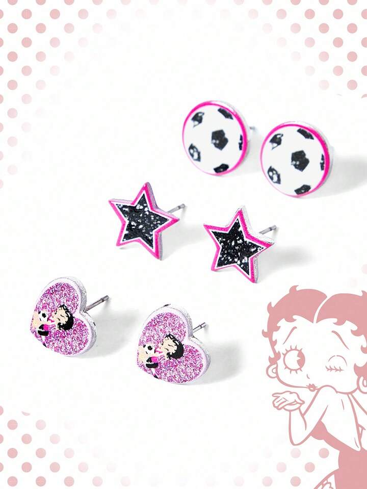 Betty Boop | ROMWE Cartoon Figure, Star & Football Graphic Shiny Cute Sports Earrings