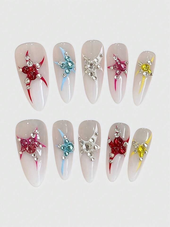 Kawaii Y2K Fashion Colorful Star-Shaped Acrylic False Nail Tips, Handmade Punk Style Oval Nail Decor