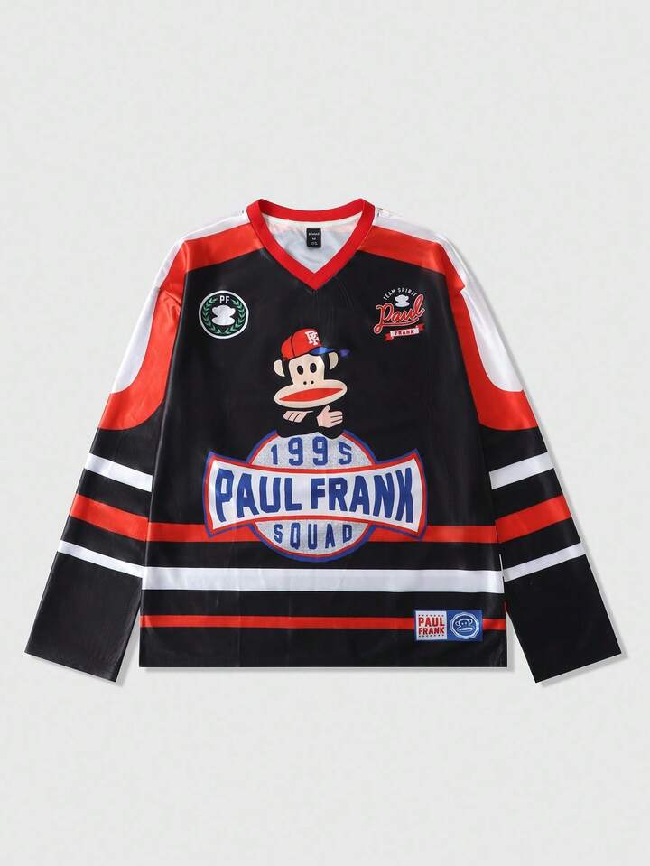 Paul Frank X ROMWE Men's Striped & Cartoon Pattern V-Neck Colorblock Long Sleeve Sports T-Shirt