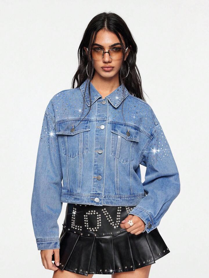Women's Casual Fashion Rhinestone Embellished Drop Shoulder Loose Cropped Denim Jacket, Spring/Autumn