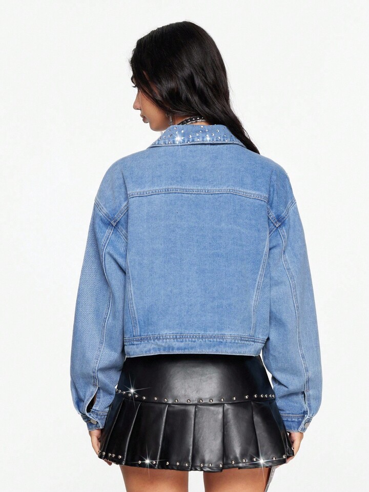 Women's Casual Fashion Rhinestone Embellished Drop Shoulder Loose Cropped Denim Jacket, Spring/Autumn