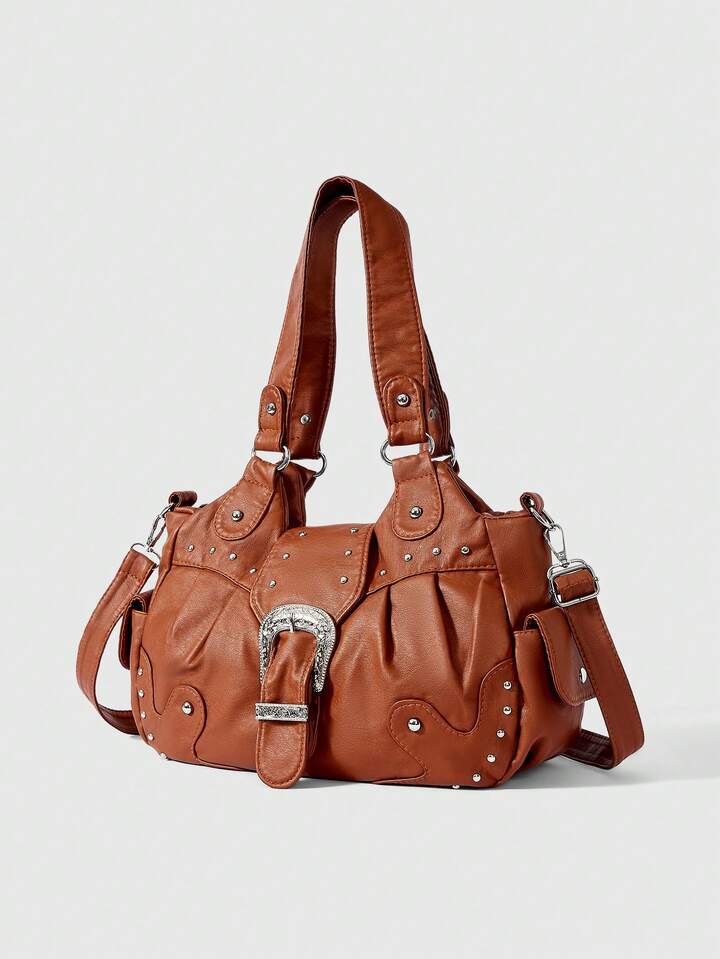 Fairycore Fashionable Rivet Decor Shoulder PU Leather Handbag, Stylish For Commute