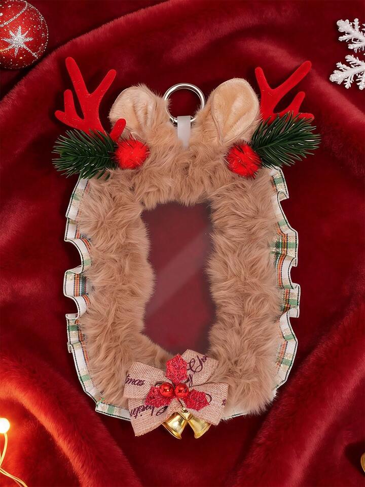Kawaii 1pc Cute Christmas Reindeer Card Holder, Plush Bow Bag Charm, 3-Inch Decorative Card For Autumn/Winter Atmosphere