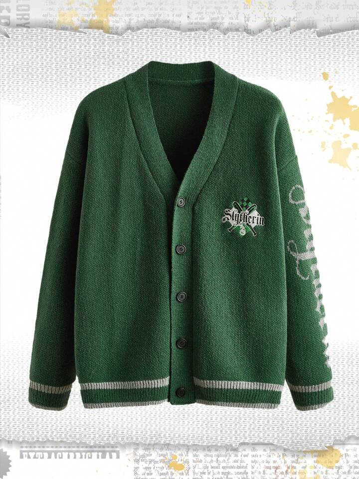 Harry Potter | ROMWE Plus Size Button Front Monogram Embroidered Drop Shoulder Sweater Cardigan