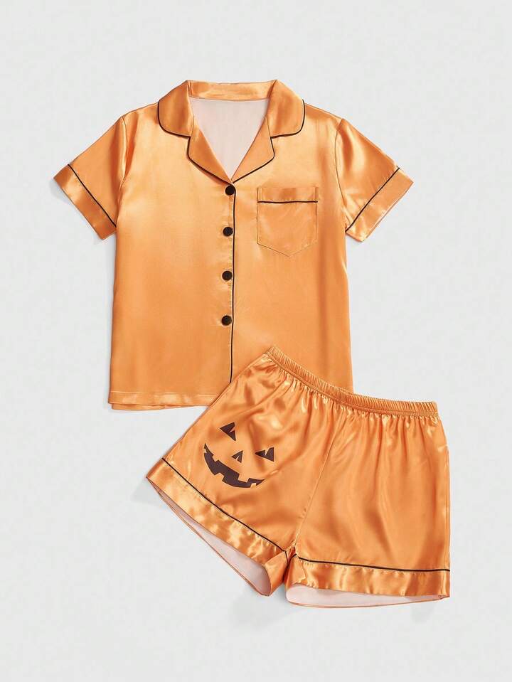 Gothic Pumpkin Smiling Face Button-Down Short Sleeve Shorts Pajama Set, Halloween
