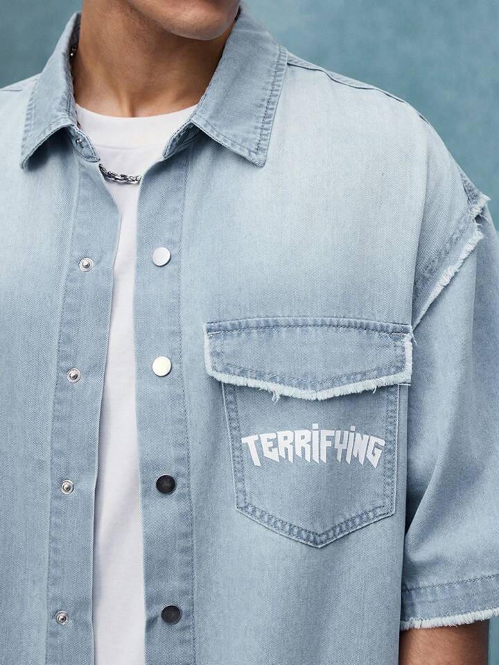 Men's Street Life Boxy Fit Printed Denim Shirt, Denim Short Sleeve Top