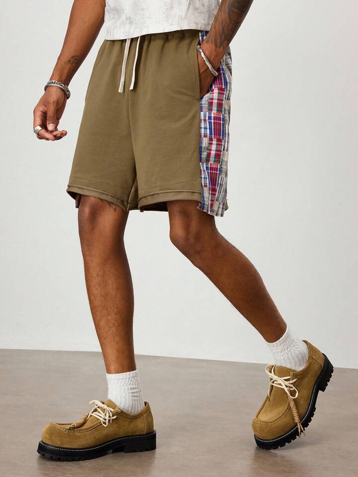 Prep Men's Plaid Patchwork Drawstring Waist Pocket Loose Casual Shorts