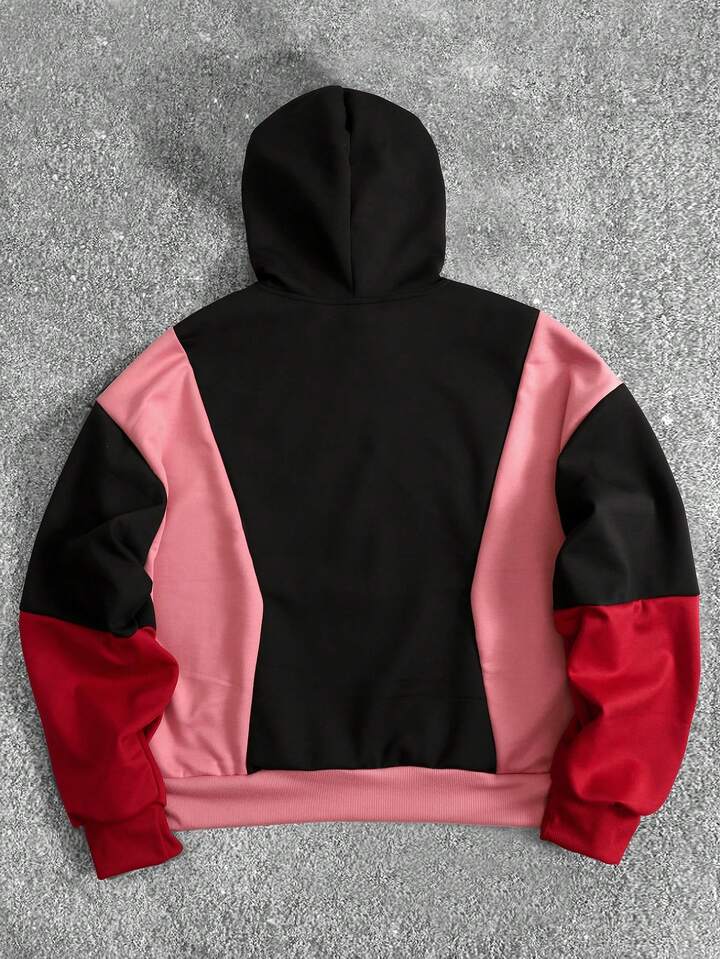 Men's Contrast Color Patchwork Hoodie, Loose Fit