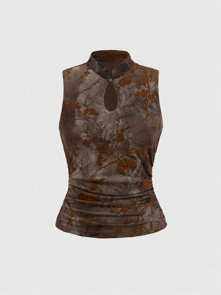 Retro Floral Flocked Batik Slim Fit Mandarin Collar Blouse For Women