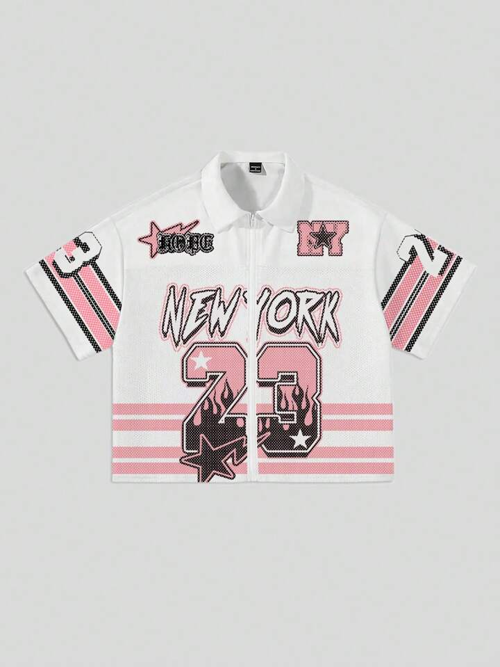 Prep Men's Jersey Boxy Fit Loose Sports Shirt, Mesh Fabric Patchwork Glossy Material