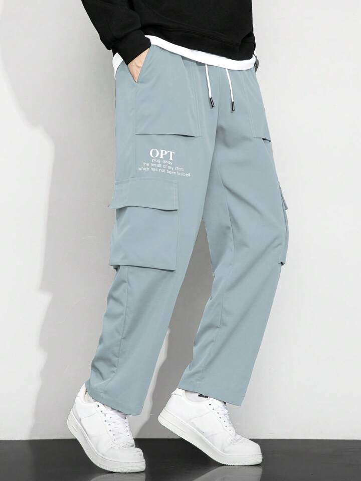 Guys Slogan Graphic Flap Pocket Side Drawstring Waist Cargo Pants