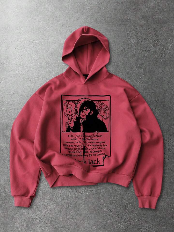 Black Jack X ROMWE Men's Cartoon Graphic Printed Hoodie Sweatshirt, Suitable For Autumn/Winter