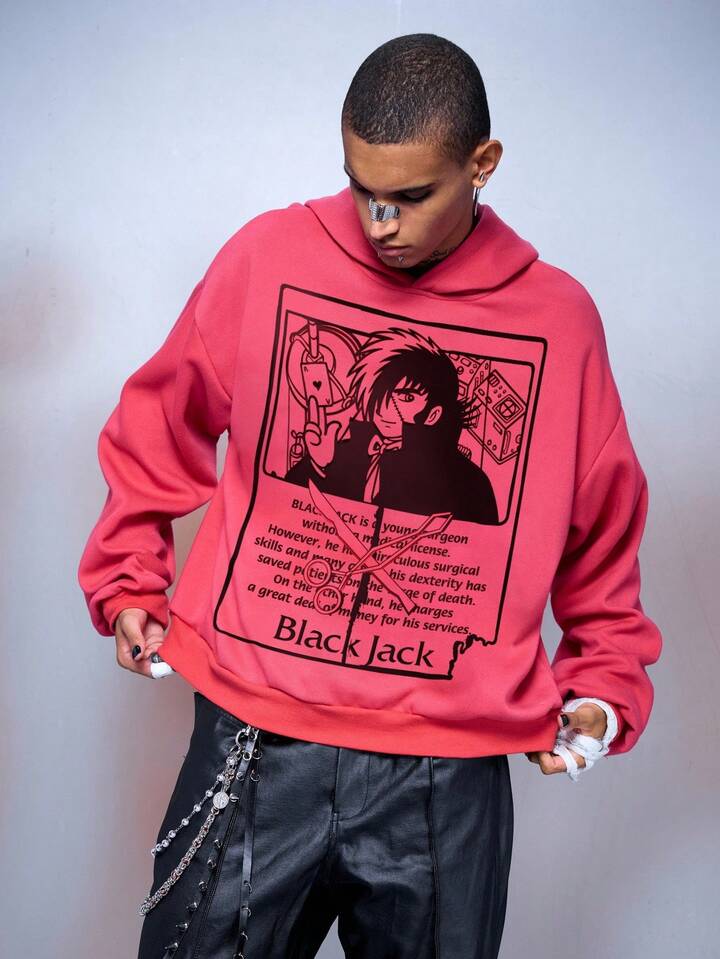 Black Jack X ROMWE Men's Cartoon Graphic Printed Hoodie Sweatshirt, Suitable For Autumn/Winter