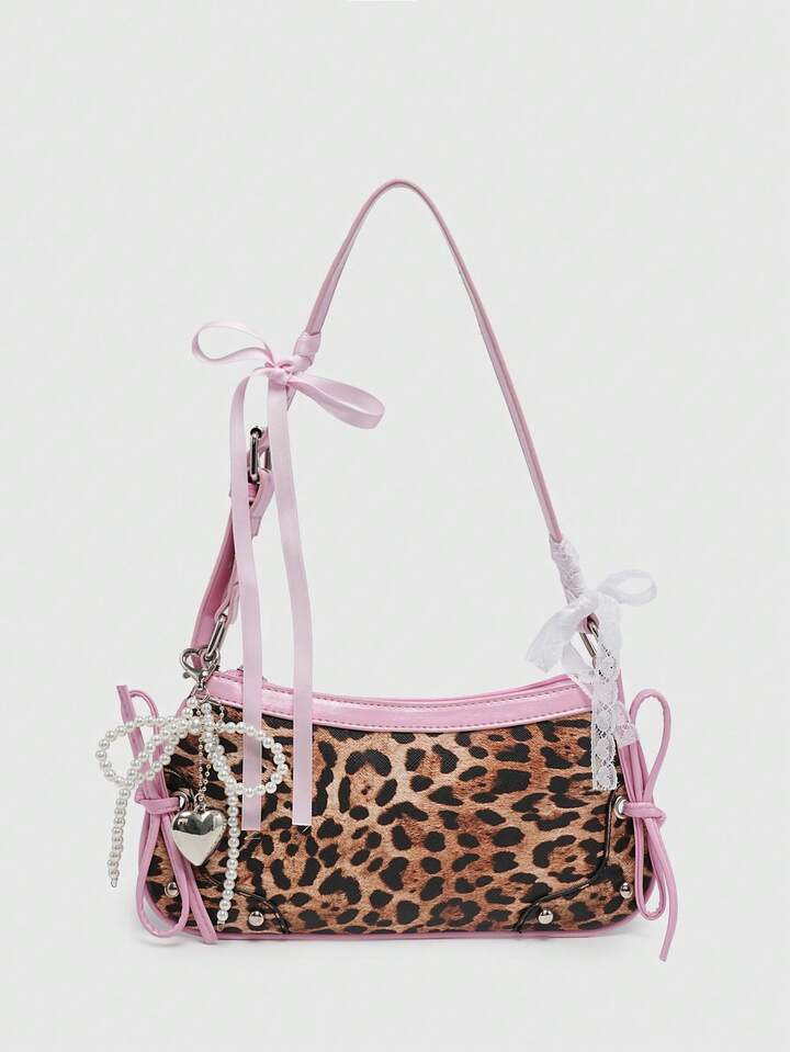 Kawaii Women's Retro Ballet Style Butterfly Decor Chain Leopard Print Faux Pearl Lace Decor Shoulder/Underarm Baguette Bag, Shoulder Bag, Animal Print Women Bag, Fall Winter Fashionable Cheetah Print Purse For Women, New Fall Winter Tiger Print Bag For Women , Pink