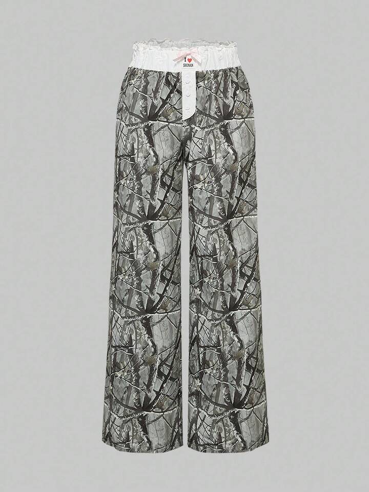 Y2K Style Camouflage Print Embroidered Bowknot Contrast Color Casual Pants For Women